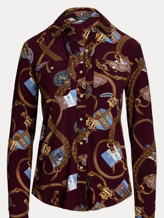 Ralph Lauren Tops - Ralph Lauren Burgundy Equestrian Print Button-Down Shirt
